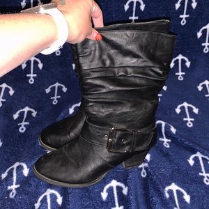 CA Collection by Corina black pleated layered buckle heeled boots